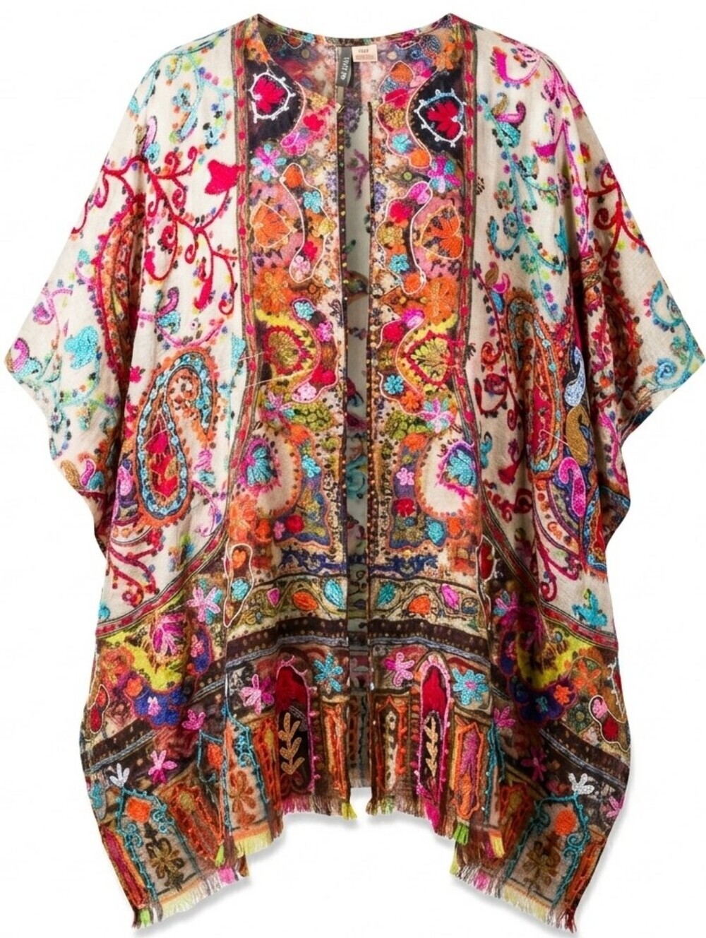 ANU By Natural 100% Wool Embroidered Paisley Boho Duster Poncho Wrap Sz.OS
